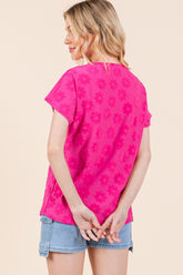 Textured Floral Pattern Short Sleeve T-Shirt BomBom